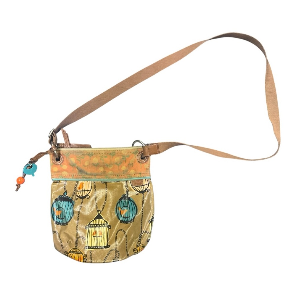 🐦 Fossil Printed Coated Canvas‎ Crossbody – Birdcage Whimsy Bag 🎨